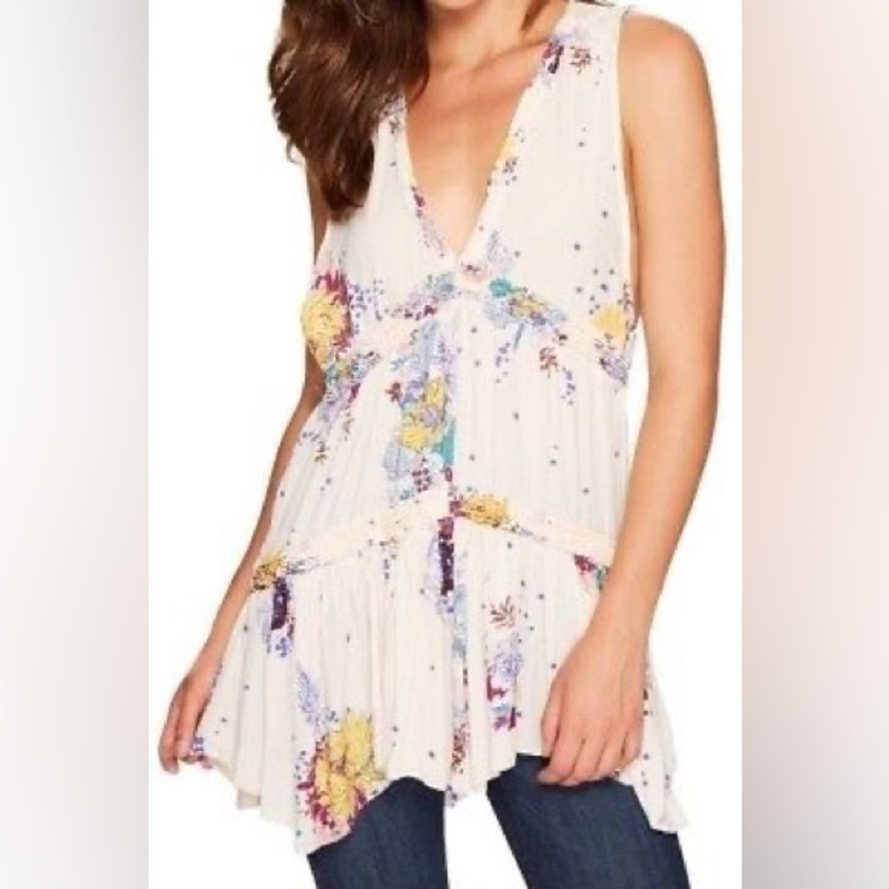Free People Pink/Cream Combo Purple Haze Floral Tiered Tunic Top